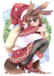 Rule 34 | 1girl, absurdres, black pantyhose, blush, boots, bow, breast press, breasts, brown hair, capelet, christmas wreath, closed mouth, from side, fur trim, gloves, hair between eyes, hair bow, hat, hayashi (l8poushou), high heel boots, high heels, highres, holding, large breasts, long hair, looking at viewer, looking to the side, original, pantyhose, pleated skirt, pointy ears, red bow, red capelet, red eyes, red footwear, red gloves, red skirt, sack, santa costume, santa hat, shirt, sidelocks, skirt, solo, squatting, tail, thighband pantyhose, very long hair, white shirt, wreath