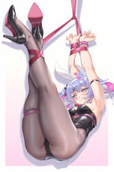 Rule 34 | 1girl, ahoge, animal ears, arm strap, armpits, arms up, ass, bare shoulders, black footwear, black leotard, blue eyes, blue hair, blush, bound, bracelet, breasts, brown pantyhose, chest harness, closed mouth, clothing cutout, commentary request, facial tattoo, fake animal ears, fake tail, fangxiang cuoluan, full body, hair ornament, hairband, hairclip, harness, hatsune miku, heart, heart-shaped pupils, heart cutout, heart tattoo, high heels, highleg, highleg leotard, highres, jewelry, legs up, leotard, long sleeves, looking at viewer, medium breasts, multicolored hair, pantyhose, pink hair, purple hair, rabbit ears, rabbit hole (vocaloid), restrained, revision, simple background, skindentation, solo, strapless, strapless leotard, symbol-shaped pupils, tail, tattoo, thigh strap, thighs, twintails, two-tone hair, vocaloid, x hair ornament
