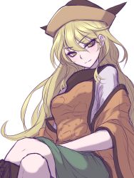 Rule 34 | &gt;:), 1girl, blonde hair, breasts, closed mouth, commentary request, crossed legs, detached sleeves, eyelashes, green skirt, hair between eyes, hat, head tilt, highres, long hair, looking at viewer, matara okina, medium breasts, miata (miata8674), sidelocks, simple background, sitting, sketch, skirt, solo, tabard, touhou, v-shaped eyebrows, white background, wide sleeves, yellow eyes