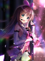 Rule 34 | 1girl, aqua eyes, audience, black bow, bow, breasts, brown hair, concert, curtains, detached sleeves, floating hair, from side, glowstick, hairband, highres, idol, kizuna ai, kizuna ai inc., long hair, looking at viewer, looking to the side, medium breasts, microphone, pink hair, pink shirt, shirt, short shorts, shorts, sideboob, solo, stage, stage lights, straight hair, two-tone shirt, virtual youtuber, walking, white shirt, white shorts, yoko nmr