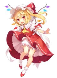 Rule 34 | 1girl, :d, ascot, blonde hair, bloomers, crystal, fang, flandre scarlet, full body, hat, hat ribbon, knee blush, looking at viewer, mob cap, open mouth, paragasu (parags112), puffy short sleeves, puffy sleeves, red eyes, red footwear, red ribbon, red skirt, red vest, ribbon, shirt, shoes, short sleeves, side ponytail, simple background, skirt, skirt set, smile, socks, solo, touhou, underwear, upskirt, vest, white background, white bloomers, white shirt, white socks, wings, wrist cuffs, yellow ascot