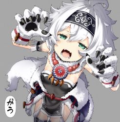 Rule 34 | 1girl, animal hands, beads, breasts, commentary request, cowboy shot, fangs, gloves, green eyes, grey background, hachimitsucoffee, hair between eyes, hairband, highres, looking at viewer, open mouth, paw gloves, pirika (sennen sensou aigis), sennen sensou aigis, simple background, skin fangs, solo, speech bubble, teeth, white gloves, white hair