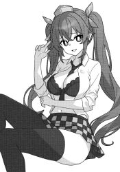 Rule 34 | :d, between breasts, bra, breasts, bright pupils, checkered clothes, checkered skirt, cleavage, collared shirt, commentary, greyscale, hat, himekaidou hatate, large breasts, long hair, long sleeves, looking at viewer, monochrome, navel, necktie, necktie between breasts, onkn sxkn, open clothes, open mouth, open shirt, pointy ears, shirt, sidelocks, simple background, skirt, smile, thighhighs, tokin hat, touhou, twintails, underwear