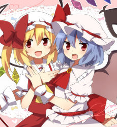 Rule 34 | 2girls, ascot, bad id, bad pixiv id, bat wings, blonde hair, blue hair, fang, female focus, flandre scarlet, hat, hat ribbon, heart, heart of string, ichimonme (ichi), looking at viewer, multiple girls, open mouth, puffy sleeves, red eyes, remilia scarlet, ribbon, shirt, short sleeves, siblings, side ponytail, sisters, skirt, smile, touhou, wings, wrist cuffs