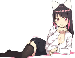 Rule 34 | 1girl, animal ears, artist name, black skirt, black thighhighs, blush, breasts, brown hair, buttons, cat ears, cleavage, cloba, collarbone, commentary request, fake animal ears, full body, garter straps, highres, long hair, long sleeves, looking at viewer, lying, on side, original, pencil skirt, pink eyes, pink hair, shirt, simple background, skirt, strap gap, teacher, thighhighs, tongue, tongue out, white background, white shirt