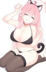 Rule 34 | 1girl, :3, ahoge, animal ears, bell, bikini, black bikini, black hairband, black tail, blue archive, blush, bow, braid, breasts, brown thighhighs, cat ears, cat tail, choker, cleavage, closed eyes, closed mouth, collarbone, commentary, double-parted bangs, fingernails, gradient hair, hair bow, hairband, halo, hanako (blue archive), hand up, highres, large breasts, long bangs, long hair, multicolored hair, nail polish, navel, neck bell, no shoes, parsleyshrimp, paw pose, pink hair, pink halo, pink nails, raised eyebrows, red choker, seiza, simple background, single braid, sitting, smile, solo, stomach, swimsuit, tail, thighhighs, thighs, white background, white bow