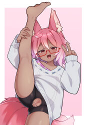 Rule 34 | 1girl, animal ear fluff, animal ears, barefoot, bike shorts, blush, borrowed character, cleft of venus, female focus, glasses, leg up, looking at viewer, open mouth, pink background, pink hair, pussy, red eyes, shorts, solo, standing, standing on one leg, sweater, tail, torn clothes, torn shorts, uncensored, v, wardrobe malfunction, yotubeya
