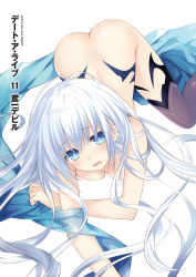 Rule 34 | 10s, 1girl, ass, bare shoulders, black thighhighs, blue eyes, breast press, breasts, cover, cover page, date a live, highres, long hair, novel illustration, nude, official art, open clothes, open shirt, scan, shirt, sidelocks, solo, tattoo, thighhighs, tobiichi origami, tsunako, very long hair, white hair