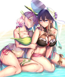 Rule 34 | 2girls, arm hug, arm support, bare shoulders, beach, blue eyes, blush, breasts, brown hair, cleavage, collarbone, criss-cross halter, day, flower, gloves, granblue fantasy, hair between eyes, hair flower, hair ornament, halterneck, hat, holding own arm, jewelry, kasappi, large breasts, leaf, long hair, looking at another, low twintails, monster girl, multiple girls, navel, ocean, open mouth, outdoors, pink hair, plant girl, pointy ears, purple eyes, rose, rosetta (granblue fantasy), rosetta (summer) (granblue fantasy), sand, sitting, smile, sun hat, thigh strap, twintails, very long hair, wet, white headwear, yggdrasil (granblue fantasy), yokozuwari
