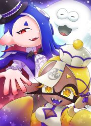 Rule 34 | 1boy, 2girls, :d, alternate costume, ascot, bad id, bad pixiv id, big man (splatoon), black headwear, blonde hair, blue hair, breasts, bright pupils, brooch, cape, center frills, chinese clothes, cleavage, cleavage cutout, clothing cutout, colored eyelashes, colored tongue, cross-shaped pupils, dark-skinned female, dark skin, earrings, eyeliner, fangs, forehead, frills, frye (splatoon), ghost costume, hair over one eye, halloween, halloween costume, hat, inkling, jewelry, jiangshi costume, light particles, long hair, long sleeves, makeup, medium breasts, multiple earrings, multiple girls, nintendo, octoling, ofuda, open mouth, outstretched arm, pointy ears, purple tongue, qingdai guanmao, red eyeliner, red eyes, shirt, shiver (splatoon), sleeves past fingers, sleeves past wrists, smile, splatoon (series), splatoon 3, star (symbol), suction cups, symbol-shaped pupils, teeth, tentacle hair, thigh gap, togeshiro azami, top hat, turtleneck, vampire costume, white ascot, white headwear, white pupils, white shirt, yellow eyes, yellow pupils