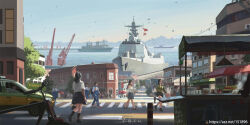 Rule 34 | admiral kuznetsov class aircraft carrier, bicycle, building, cargo ship, china, chinese text, cityscape, crane (machine), crosswalk, crowd, destroyer, dock, food stand, gym uniform, highres, military vehicle, motor vehicle, multiple boys, multiple girls, ocean, original, people&#039;s liberation army, people&#039;s liberation army navy, pleated skirt, port, road, scenery, ship, shouhui lang qun, signature, skirt, street, taxi, track suit, type 052d destroyer, warship, watercraft