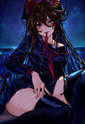 Rule 34 | 1girl, biting, black thighhighs, brown hair, commentary request, fate/grand order, fate (series), hat, koha-ace, long hair, looking at viewer, march ab, oda nobunaga (fate), oda nobunaga (koha-ace), red eyes, school uniform, serafuku, solo, teeth, thighhighs, very long hair, wet