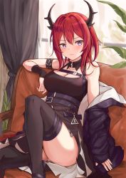 Rule 34 | 1girl, absurdres, arknights, armband, bare shoulders, belt, black belt, black dress, black jacket, blush, breasts, cleavage, collarbone, commentary request, couch, curtains, dress, hair between eyes, hair intakes, highres, horns, indoors, jacket, knee up, long hair, long sleeves, looking at viewer, mango (mgo), medium breasts, off shoulder, open clothes, open jacket, purple eyes, red hair, sitting, solo, surtr (arknights), thigh strap, thighhighs, thighs