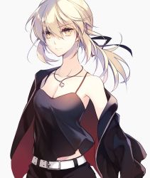 Rule 34 | 1girl, artoria pendragon (all), artoria pendragon (fate), belt, black camisole, black jacket, black ribbon, black shorts, blonde hair, breasts, camisole, cleavage, collarbone, cross, cross necklace, fate/grand order, fate (series), hair between eyes, jacket, jewelry, jonejung, looking at viewer, low ponytail, medium breasts, necklace, official alternate costume, ribbon, saber alter, saber alter (ver. shinjuku 1999) (fate), short shorts, shorts, smile, solo, white background, white belt, yellow eyes