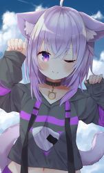 Rule 34 | 1girl, ;), absurdres, ahoge, animal ear fluff, animal ears, arm up, black choker, black hoodie, blue sky, blush, breasts, cat ears, cat girl, cat tail, choker, closed mouth, cloud, cloudy sky, collarbone, commentary request, crop top, day, drawstring, eureka 814, hair between eyes, hand up, highres, hololive, hood, hood down, hoodie, long sleeves, midriff, navel, nekomata okayu, nekomata okayu (1st costume), one eye closed, outdoors, purple eyes, purple hair, sky, sleeves past wrists, small breasts, smile, solo, tail, tail raised, upper body, virtual youtuber