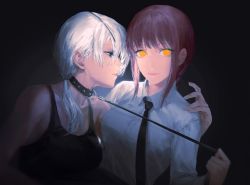 Rule 34 | 2girls, black eyes, black necktie, black shirt, braid, braided ponytail, breasts, brown hair, business suit, chainsaw man, collar, couple, eyepatch, formal, girl on top, highres, keibleh, leash, leash pull, light smile, long sleeves, looking at another, looking at viewer, makima (chainsaw man), medium breasts, multiple girls, necktie, quanxi (chainsaw man), ringed eyes, shirt, sitting, sitting on person, sleeveless, sleeveless shirt, smile, suit, tank top, white hair, white shirt, yellow eyes, yuri