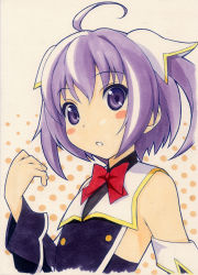 Rule 34 | 1girl, :o, ahoge, bare shoulders, blush stickers, bow, bowtie, hair ornament, halftone, halftone background, looking at viewer, marker (medium), millipen (medium), myu (quiz magic academy), purple hair, quiz magic academy, shirohebidou, short hair, solo, traditional media, twintails, two side up, upper body