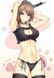Rule 34 | 10s, 1girl, alternate costume, armpits, arms up, bell, black panties, black thighhighs, breasts, brown hair, cat cutout, cat ear panties, cat lingerie, choker, cleavage, cleavage cutout, closed mouth, clothing cutout, cowboy shot, eyebrows, frills, gluteal fold, gradient background, green eyes, hairband, hands on own head, headgear, highres, jingle bell, kantai collection, large breasts, looking at viewer, meme attire, mutsu (kancolle), navel, neck bell, panties, paw print, seductive smile, short hair, side-tie panties, smile, solo, stomach, swept bangs, thighhighs, tony guisado, underwear, underwear only