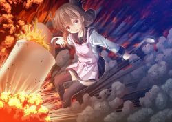 Rule 34 | 1girl, anchor symbol, apron, black thighhighs, brown eyes, brown hair, explosion, folded ponytail, holding, holding spoon, inazuma (kancolle), kantai collection, long sleeves, open mouth, pleated skirt, pot, school uniform, serafuku, skirt, solo, spoon, standing, thighhighs, yatsu seisakusho