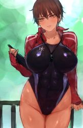 Rule 34 | 1girl, abs, breasts, brown hair, c.cu, clipboard, competition swimsuit, dark skin, dark-skinned female, female focus, jacket, large breasts, lips, one-piece swimsuit, short hair, solo, swimsuit, thighs, whistle, whistle around neck