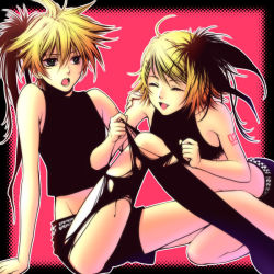 Rule 34 | 1boy, 1girl, bad id, bad pixiv id, belt, blonde hair, blue eyes, brother and sister, crossdressing, hair ornament, hair ribbon, hairclip, kagamine len, kagamine rin, kayu, pantyhose under shorts, midriff, navel, pantyhose, ribbon, ripping, short hair, shorts, siblings, smile, studded belt, tearing clothes, thighhighs, torn clothes, torn legwear, trap, twins, vocaloid