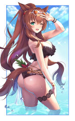 Rule 34 | 1girl, ;d, animal ears, ass, bad id, bad pixiv id, bikini, black bikini, bloody0rabby, blue sky, breasts, brown hair, cleavage, cloud, day, eyewear on head, frilled bikini, frills, green eyes, has bad revision, has downscaled revision, heart, heart-shaped eyewear, highres, horse ears, horse girl, horse tail, long hair, looking at viewer, looking back, maruzensky (blasting off summer night) (umamusume), maruzensky (umamusume), md5 mismatch, medium breasts, official alternate costume, one eye closed, open mouth, partially submerged, resolution mismatch, sky, smile, solo, source smaller, sunglasses, swimsuit, tail, umamusume, v, very long hair