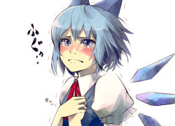 Rule 34 | 1girl, blue eyes, blue hair, blush, bow, cirno, crying, crying with eyes open, female focus, gajuumaru, grimace, hair bow, matching hair/eyes, short hair, short sleeves, solo, tears, touhou, upper body, white background, wings