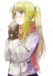 Rule 34 | 1girl, blonde hair, blue eyes, blush, brown gloves, cowboy shot, earrings, expressionless, fullmetal alchemist, gloves, jacket, jewelry, long hair, looking up, orange scarf, own hands together, ponytail, riru, scarf, shaded face, simple background, snow, snowflakes, snowing, solo, steam, upper body, white background, winry rockbell, winter