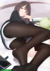 Rule 34 | 1girl, absurdres, ama mitsuki, artist name, ass, black pantyhose, bright pupils, brown eyes, brown hair, cellphone, food, foreshortening, fruit, hand to own mouth, highres, pantyhose under shorts, long hair, looking at viewer, lying, melon, melonbooks, on bed, on side, pantyhose, phone, scan, shorts, sidelocks, smartphone, smile, solo, white pupils
