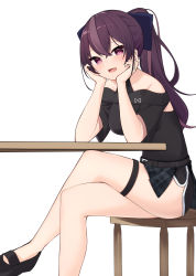 Rule 34 | 1girl, :d, absurdres, bare legs, bare shoulders, belt, black shirt, black shorts, breasts, chair, crossed legs, dolphin shorts, hands on own cheeks, hands on own face, head rest, highres, jururu, long hair, looking at viewer, medium breasts, off shoulder, open mouth, ponytail, purple eyes, purple hair, sandals, shirt, short shorts, shorts, simple background, sitting, smile, solo, table, thigh strap, thighs, virtual youtuber, waktaverse, white background, ziro (zirorong)