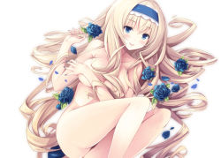 Rule 34 | 10s, 1girl, ass, blonde hair, blue eyes, blue flower, blue rose, blush, breasts, cecilia alcott, covering breasts, covering privates, flower, hairband, infinite stratos, legs, logo, long hair, lying, mikoto akemi, nude, nude cover, on back, petals, rose, smile, solo