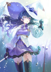 Rule 34 | 1girl, artist name, black gloves, black hair, black thighhighs, blue bow, bow, commentary, day, dress, ear piercing, earrings, english commentary, floating hair, frilled skirt, frills, gloves, gradient hair, hair between eyes, hand on headwear, hand up, haruri, hat, hat bow, highres, holding, jewelry, lamppost, long hair, long sleeves, multicolored hair, original, outdoors, parted lips, piercing, puffy long sleeves, puffy sleeves, purple eyes, purple hair, purple skirt, rain, skirt, solo, standing, thighhighs, very long hair, white dress, white hat, witch, witch hat