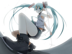 Rule 34 | 1girl, ankle boots, aqua eyes, aqua hair, boots, grin, hatsune miku, laces, light, long hair, microphone, microphone stand, necktie, panda (pandadesu), perspective, smile, solo, squatting, twintails, very long hair, vocaloid