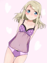 Rule 34 | 10s, 1girl, arms behind back, ayase alisa, bad id, bad pixiv id, blonde hair, blue eyes, blush, colorized, dutch angle, faon ouji, heart, lingerie, looking at viewer, love live!, love live! school idol project, midriff, navel, panties, purple panties, recolored, see-through, sesese (iywsrh), simple background, smile, solo, thigh gap, underwear