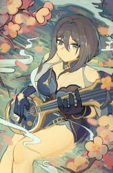 Rule 34 | 1girl, bare shoulders, blue eyes, blue gloves, breasts, cleavage, commentary, feet out of frame, gloves, grey hair, hair between eyes, highres, holding, holding instrument, honkai: star rail, honkai (series), instrument, long hair, looking at viewer, medium breasts, ruan mei (honkai: star rail), sitting, solo, thighs, yellow glasses (odivichno)