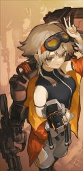 Rule 34 | 1girl, arknights, arm strap, black shirt, breasts, brown background, brown eyes, closed mouth, earrings, feet out of frame, goggles, goggles on head, grey hair, hand up, highres, holding, jacket, jewelry, kensei (v2), long hair, long sleeves, mayer (arknights), mechanical arms, mechanical parts, medium breasts, off shoulder, open clothes, open jacket, orange jacket, robot, shirt, sleeveless, sleeveless shirt, smile, solo, standing, symbol-only commentary, v