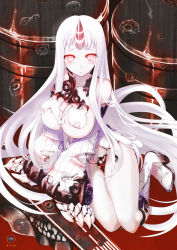 Rule 34 | 10s, 1girl, abyssal ship, bare shoulders, black panties, boots, breasts, bullet hole, claws, colored skin, detached sleeves, dress, horns, kantai collection, knee boots, large breasts, long hair, looking at viewer, machinery, nanao naru, pale skin, panties, ribbed dress, seaport princess, single horn, solo, torn clothes, torn panties, underwear, very long hair, white footwear, white skin