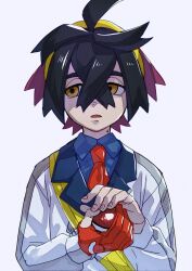 Rule 34 | 1boy, ahoge, black hair, blue shirt, collared shirt, commentary request, creatures (company), crossed bangs, game freak, gloves, hair between eyes, hairband, highres, holding, holding poke ball, jacket, kieran (pokemon), komame (st beans), male focus, mole, mole on neck, necktie, nintendo, open mouth, partially fingerless gloves, poke ball, poke ball (basic), pokemon, pokemon sv, red gloves, red necktie, shirt, short hair, single glove, solo, strap, upper body, white jacket, yellow eyes, yellow hairband