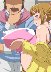 Rule 34 | 10s, 1boy, 1girl, age difference, bare shoulders, blue eyes, blush, breast hold, breast lift, breasts, brown hair, covered erect nipples, faceless, faceless male, facial hair, gigantic breasts, gundam, gundam build fighters, gundam build fighters try, highres, hoshino fumina, huge breasts, mustache, old, old man, profile, ral-san, ramba ral, shiny skin, short hair, standing, sweat, sweater around neck, tank top, yukimaru (gojo)