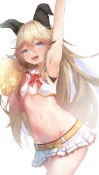 Rule 34 | 1girl, :d, absurdres, animal ears, aoinu (aoinu 99), arm up, armpits, blonde hair, blue eyes, breasts, cheerleader, commission, dog ears, dog girl, groin, hair between eyes, highres, indie virtual youtuber, kudo raika, long hair, looking at viewer, navel, open mouth, pixiv commission, pom pom (cheerleading), simple background, skirt, small breasts, smile, solo, stomach, sweat, teeth, upper teeth only, virtual youtuber, white background, white skirt