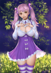 Rule 34 | 1girl, ariverkao, blurry, blurry background, bow, breasts, brown eyes, cleavage, cleavage cutout, clothing cutout, cowboy shot, dated, dress, frilled dress, frills, hair bow, large breasts, long hair, looking at viewer, original, outdoors, pink bow, pink hair, signature, smile, solo, standing, striped clothes, striped thighhighs, thighhighs, twintails
