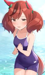 Rule 34 | 1girl, absurdres, animal ears, bare arms, bare shoulders, blue one-piece swimsuit, blush, bow, breasts, brown eyes, brown hair, commentary request, dated, green bow, hair bow, highres, hirota fruit, horse ears, horse girl, horse tail, looking at viewer, multicolored hair, nice nature (umamusume), one-piece swimsuit, open mouth, school swimsuit, small breasts, smile, solo, streaked hair, swimsuit, tail, twintails, twitter username, umamusume, water