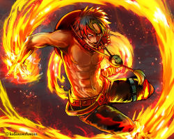 Rule 34 | 1boy, abs, fire, freckles, hat, jewelry, jippei, jumping, male focus, necklace, one piece, portgas d. ace, topless male, shorts, stampede string, tongue