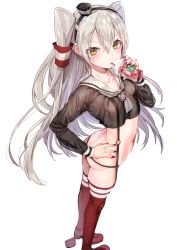 Rule 34 | 10s, 1girl, amatsukaze (kancolle), ass, black panties, blonde hair, breasts, commentary request, contrapposto, crop top, cup, drinking, drinking straw, from above, garter straps, hair between eyes, hair tubes, hand on own hip, headgear, kantai collection, lifebuoy, long hair, looking at viewer, looking back, nail polish, navel, neckerchief, nekometaru, nipples, no pants, panties, red footwear, red nails, red thighhighs, see-through, shoes, sidelocks, small breasts, solo, standing, starbucks, swim ring, thighhighs, translucent, twintails, two side up, underwear, white background, yellow eyes