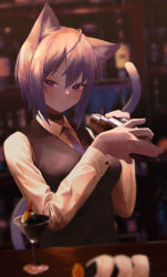 Rule 34 | 1girl, absurdres, animal ear fluff, animal ears, bad id, bad twitter id, black choker, black vest, blouse, blurry, blurry background, blurry foreground, blush, cat ears, cat girl, cat tail, choker, closed mouth, cocktail shaker, collared shirt, commentary request, cup, depth of field, drinking glass, food, hair between eyes, highres, holding, hololive, indoors, looking at viewer, nanome to, necktie, nekomata okayu, onigiri, purple eyes, purple hair, purple necktie, shirt, short hair, solo, tail, upper body, vest, virtual youtuber, white shirt