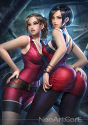 Rule 34 | 2girls, ada wong, armpits, ass, belt, black hair, blue eyes, bob cut, breasts, brown eyes, brown hair, capcom, choker, claire redfield, earrings, hand on own ass, hand on own hip, jewelry, lips, long hair, looking at viewer, looking back, medium breasts, multiple girls, necklace, neoartcore, pantyhose, ponytail, resident evil, resident evil 2, resident evil 2 (remake), short hair, short shorts, shorts, smile, watch