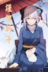 Rule 34 | 1girl, absurdres, animal, autumn, black bow, blue eyes, blue flower, blue kimono, blue rose, blue sky, blush, bow, breasts, clear sky, closed mouth, fate/grand order, fate (series), flower, gradient background, grey hair, hair between eyes, hair bow, hair flower, hair ornament, highres, japanese clothes, kimono, long hair, lucky ckm, medium breasts, morgan le fay (fate), orange umbrella, rabbit, rope, rose, sitting, sky, smile, snow, snow on tree, solo, umbrella, very long hair