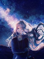 Rule 34 | 1girl, backlighting, banbiiiino0303, blue background, blue eyes, blue jacket, blue theme, closed mouth, floating hair, grey hair, hand on own ass, highres, jacket, long hair, long sleeves, looking at viewer, milky way, mountainous horizon, night, night sky, outdoors, project sekai, sky, solo, star (sky), starry sky, track jacket, upper body, very long hair, white hair, yoisaki kanade