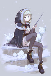 Rule 34 | 1girl, ankle boots, blue eyes, boots, cloak, closed mouth, fur-trimmed boots, fur-trimmed legwear, fur trim, holding, holding wand, hood, hooded cloak, light green hair, looking at viewer, on stairs, original, short hair, sitting, snow, solo, stairs, thighhighs, timbougami, wand