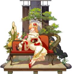 Rule 34 | 1girl, ask (askzy), azur lane, bare shoulders, bow, calico, cat, center frills, couch, drill hair, drill ponytail, earrings, feet, floral print, frills, highres, japanese clothes, jewelry, kimono, legs, long hair, off shoulder, official alternate costume, official art, orange hair, petting, pink eyes, promotional art, red footwear, red sash, richelieu (azur lane), richelieu (evergreen prophecy) (azur lane), sash, sitting, solo, transparent background, white kimono, wide sleeves, wooden floor